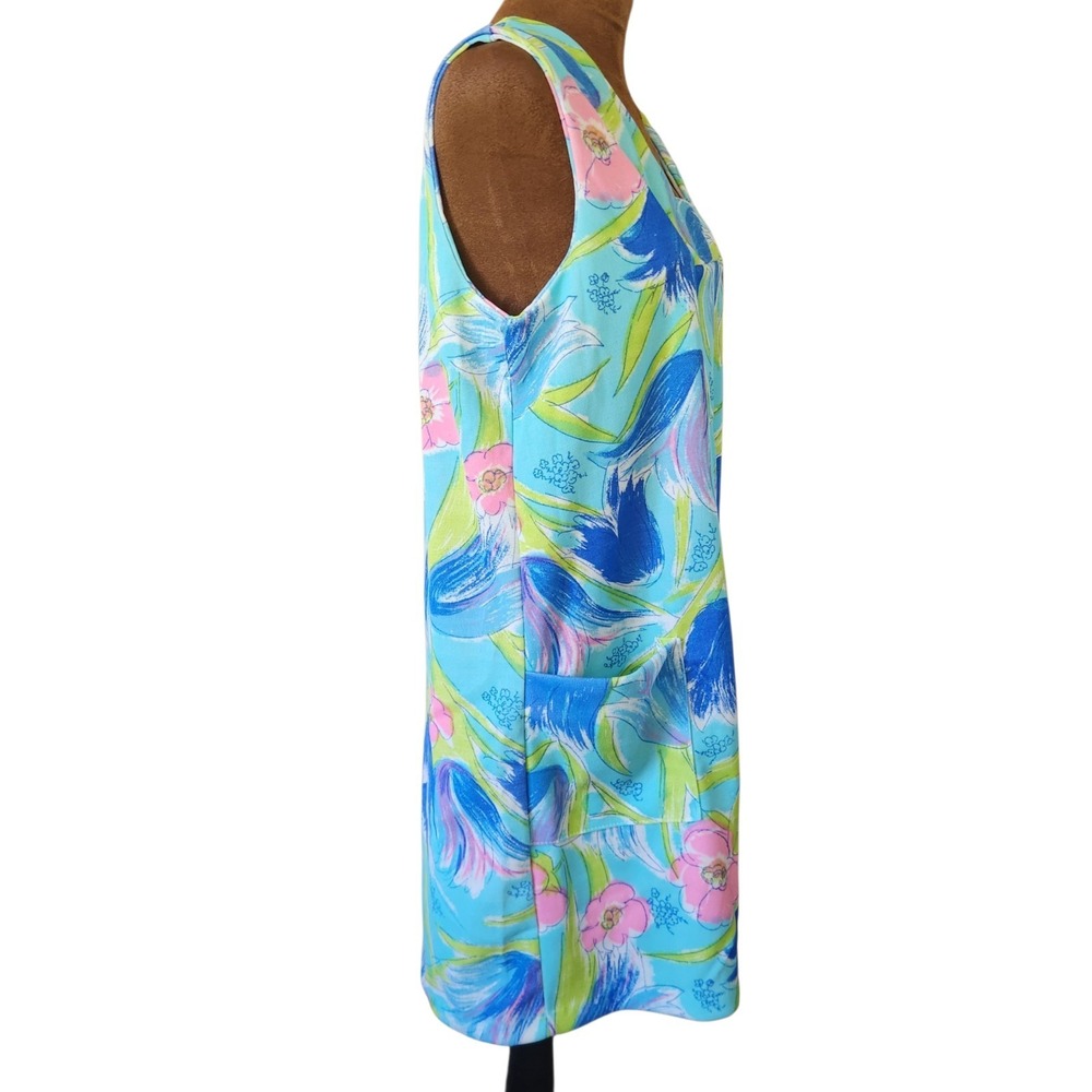 Vintage 60s 70s Floral Shift Dress Mod Pocketed MCM Pink‎ Blue Green Tropical - Picture 3 of 6